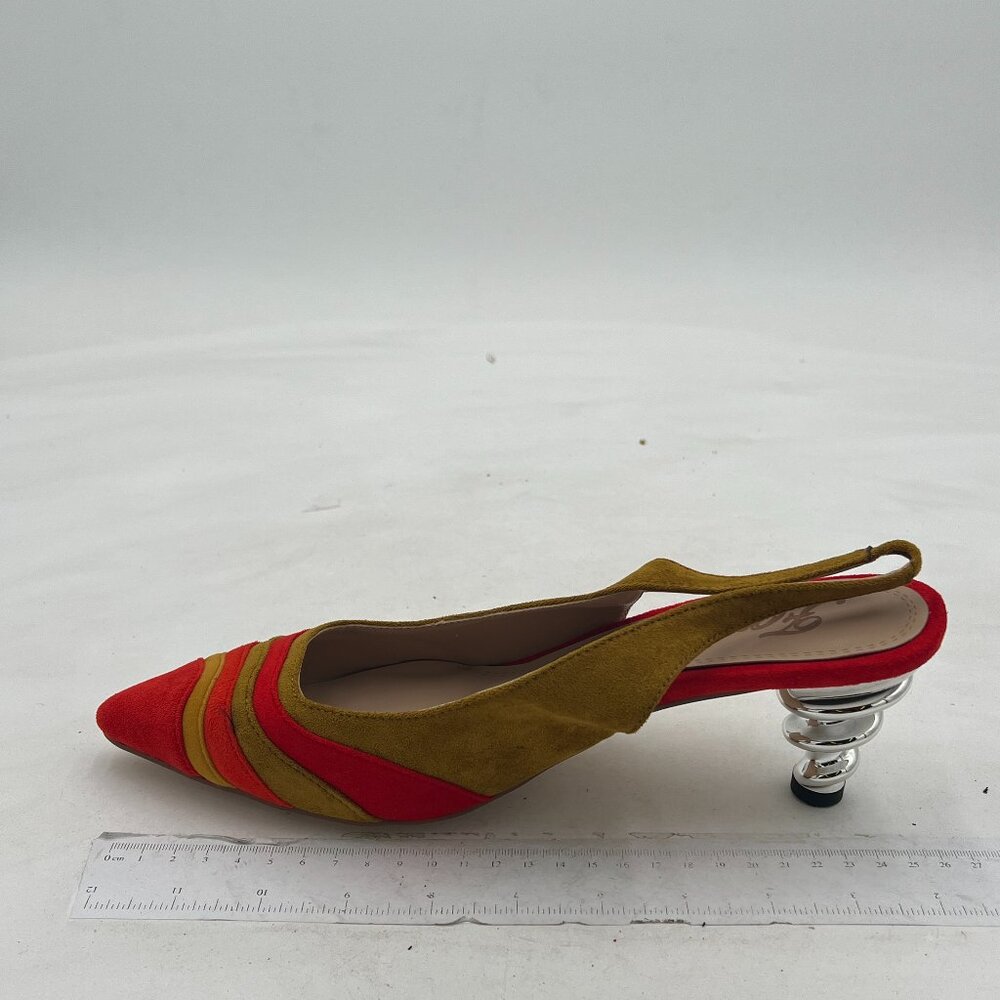 FOWT Yellow Rainbow Color Stripes Strange Spiral Heel Pointed Toe Slingback Pump - Picture 2 of 8